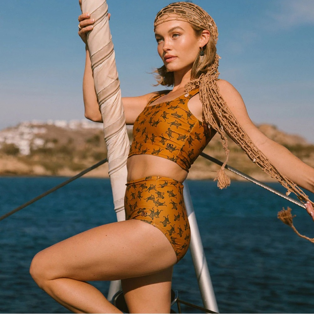 Albion Mustard Printed High-Waist Bikini Set with Crop Top